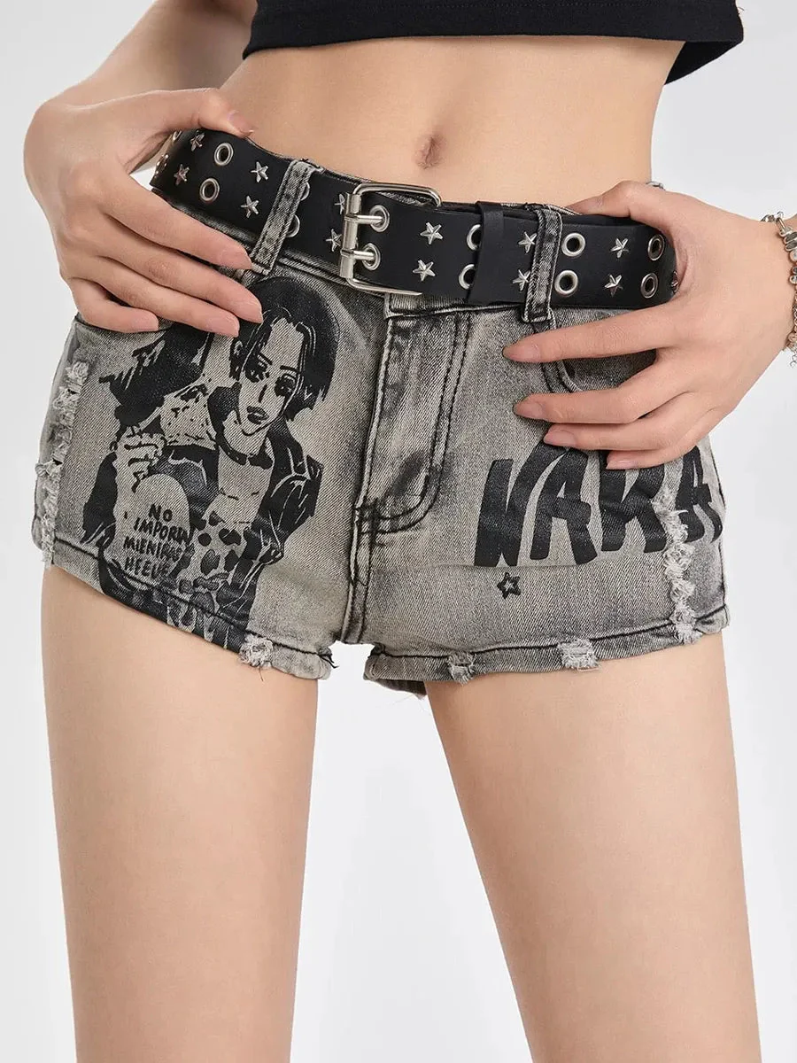 'Rock Girl' Punk Y2k Anime Girl Distressed Denim Shorts