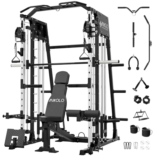 Mikolo Smith Machine, 2200lbs Squat Rack with LAT-Pull Down System & Cable Crossover Machine, Training Equipment with Leg Hold-Down Attachment