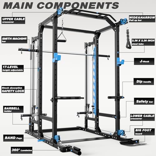 Power Cage with Cable Crossover/Smith Machine System LAT-Pull Down System Power Rack Squat Rack Training Attachments for Home Gym