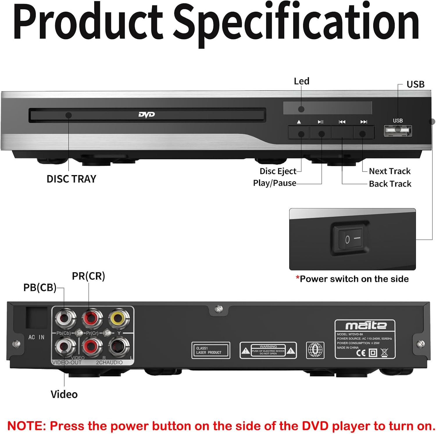 DVD Player, Region Free DVD Players for CD/DVD's, Compact DVD Player Supports NTSC/PAL System with RCA Stable Outputs/USB 128G Input