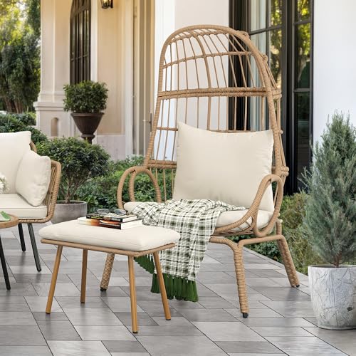DWVO Egg Chair with Ottoman Outdoor, 370lbs Capacity Wicker Patio Glider Basket Chair with Footrest