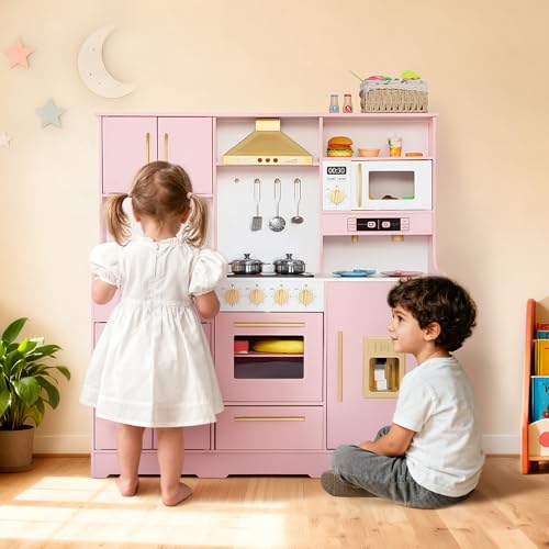 Kinder King Wooden Kids Play Kitchen, Toy Kitchen Playset for Toddler, Play Kitchen Set w/Real Sounds, Pretend Coffee Machine, Kitchen Hood, Sink