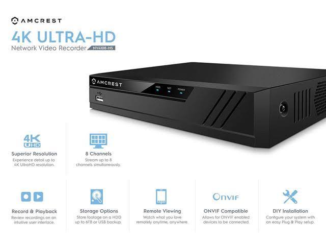 Amcrest NV4108-HS 4K NVR (8ch 1080p/3MP/4MP/5MP/6MP/8MP) Network Video Recorder -Supports Up to 8 x 8-Megapixel IP Cameras @30fp