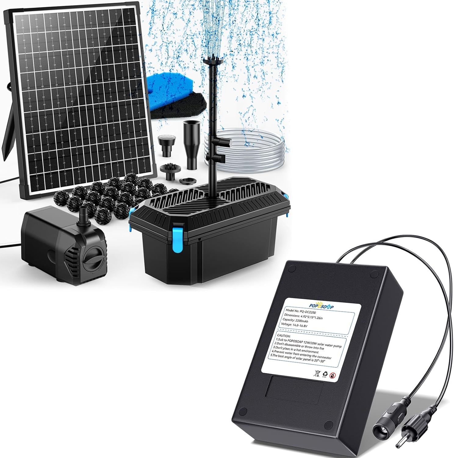 POPOSOAP Solar Pond Filter with Battery Backup