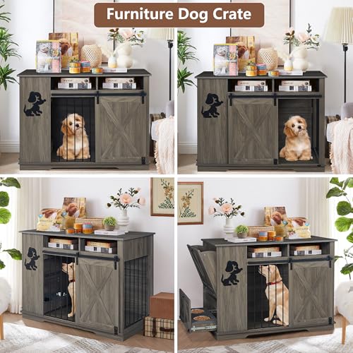 Aoowow Large Double Dog Crate Furniture 72.4" Indoor Dog Kennel with Sliding Barn Door and Divider