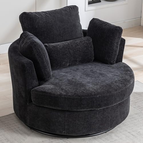 Aoiy & Wifon 42.2" W Oversized Swivel Barrel Chair with Ottoman, Upholstered Round Accent Chair with Storage Ottoman, Chenille, Beige