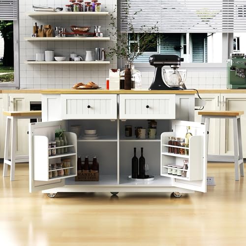 Rolling Kitchen Island with Drop Leaf & Power Outlet, Large Kitchen Islands Cart on Wheels