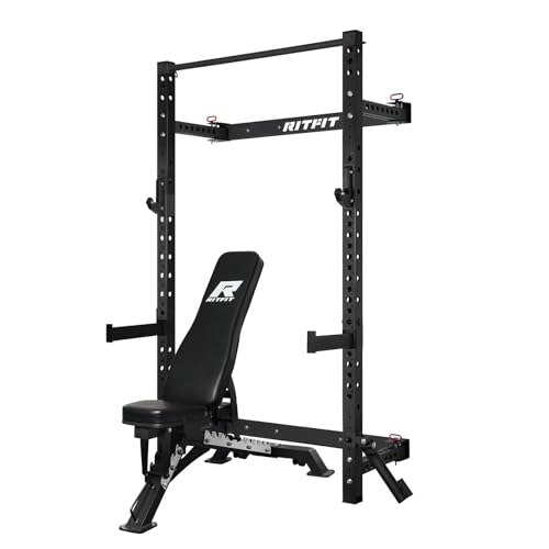 RitFit Multi-Functional Folding Squat Rack for Home Gym, 2.36'' x 2.36'' Wall Mounted Squat Rack with Attachments - Space Saving Squat Power Rack