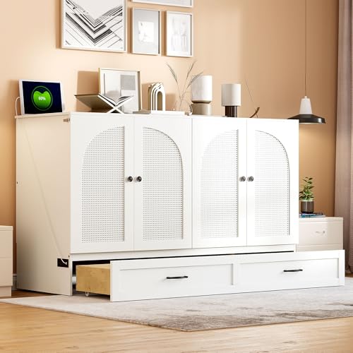 Harper & Bright Designs Queen Size Murphy Bed Cabinet Wall Bed Chest with USB, Charging Station and Large Storage Drawer for Home Office (White)