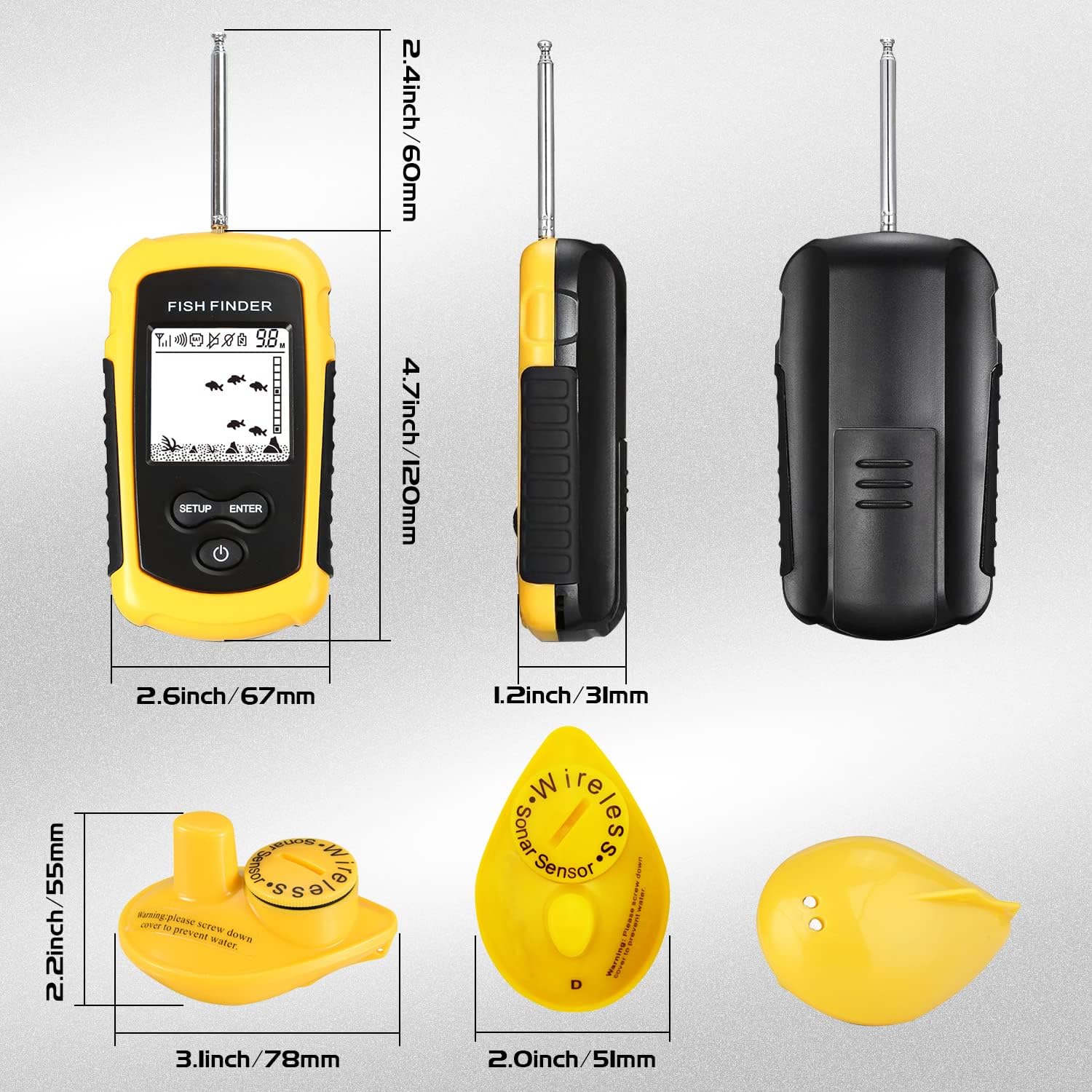 Atibin Castable Shore Fish Finder Kayaks Wireless Portable Depth Finder Sensor Handheld Canoe Fish Sonar Finder Detector Boat Lake Sea Pack of 2