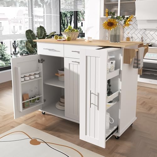 Farmhouse Kitchen Island with Power Outlet, Drop Leaf, Spice Rack and Drawer,Rolling Kitchen Cart on Wheels