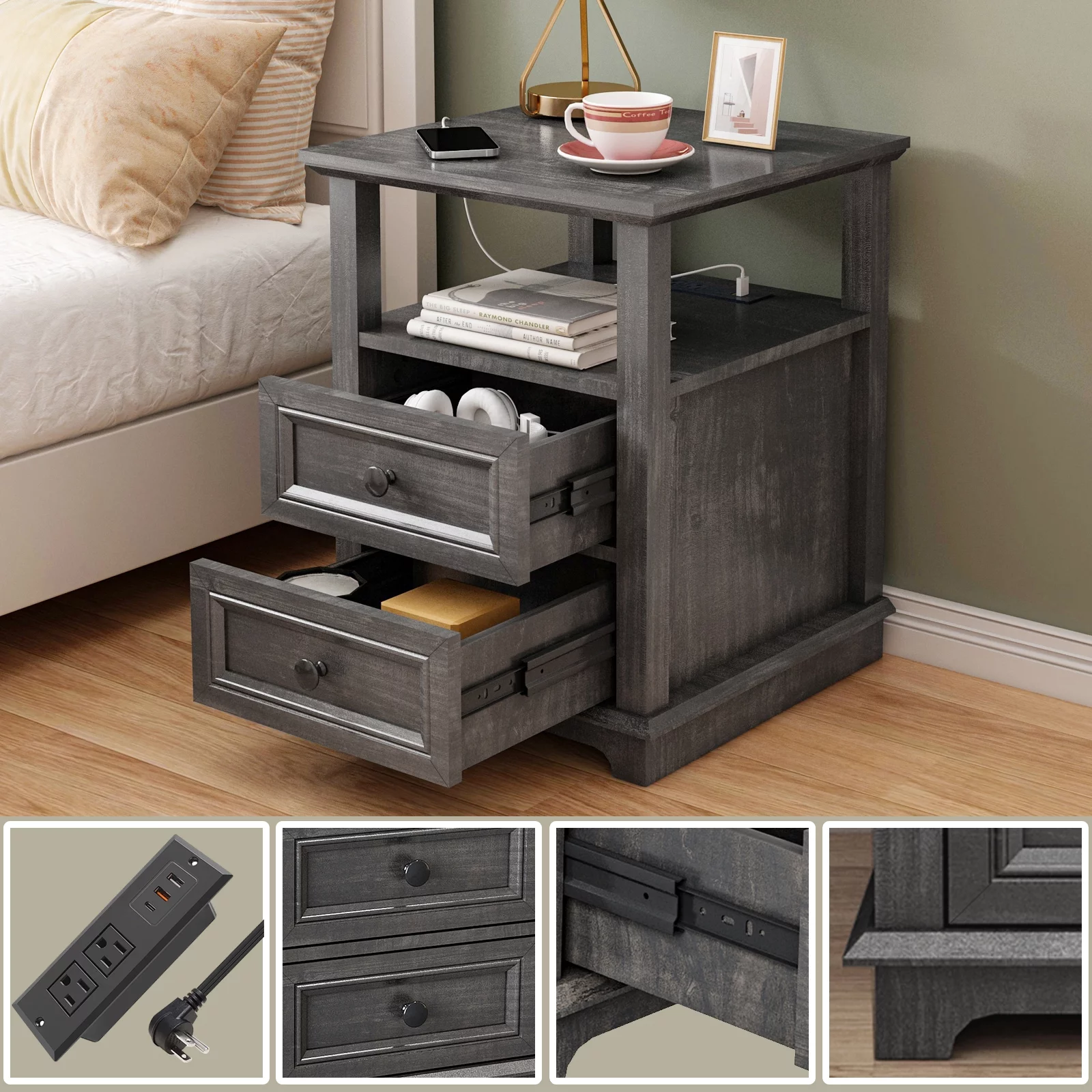 24” Tall End Table with Fast USB C Charging Station,Sofa Side Table with 2 Drawers, Large Storage Rustic Wood Square Storage Cabinet for Living Room