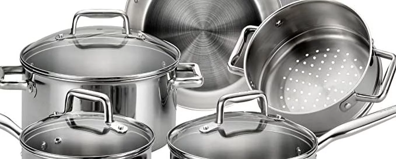 T-fal Stainless Steel Cookware, Multi-Clad, Dishwasher Safe and Oven Safe Cookware Set, Tri-Ply Bonded, 12-Piece, Silver, Model E469SC
