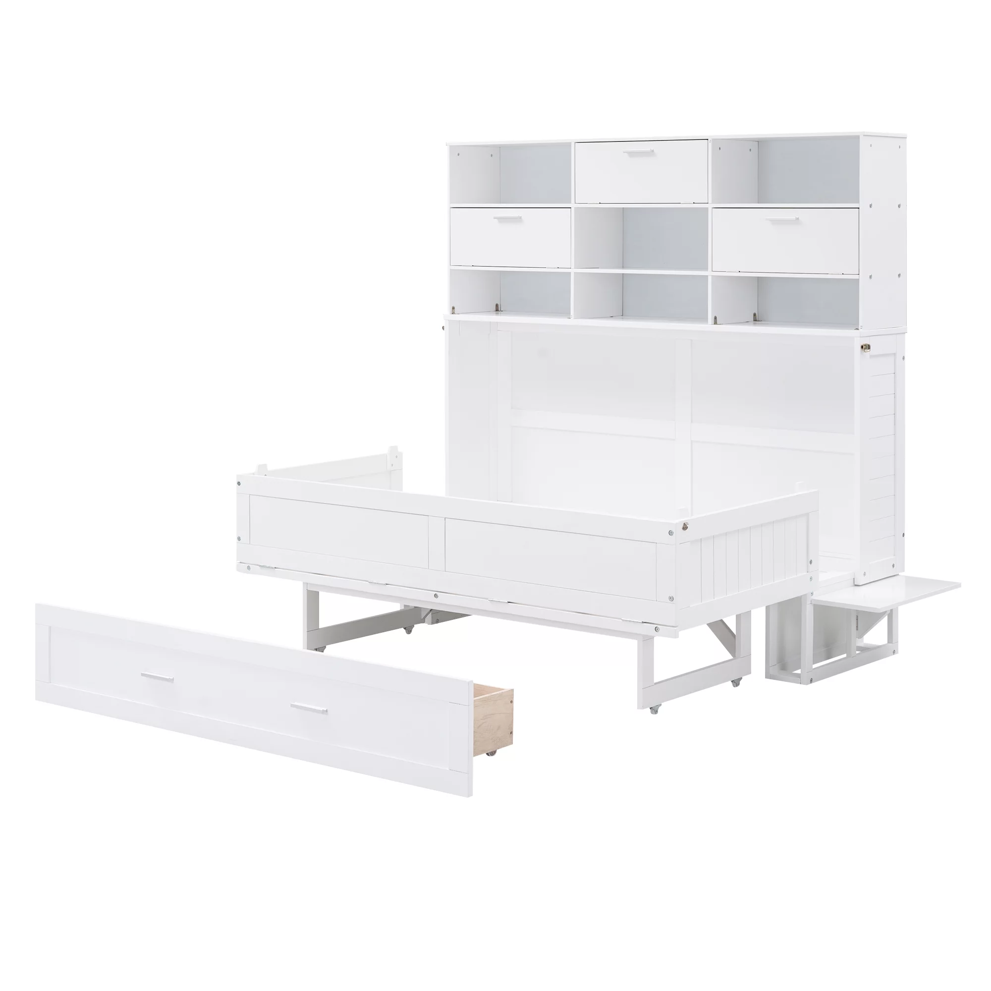 Euroco Queen Size Murphy Bed with Bookcase, Shelf and Drawer, Convertible into a Cabinet with Bookcase for Living Room