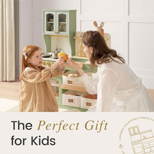 Tiny Land Play Kitchen for Kids with Enhanced Storage – Modern Toddler Kitchen Playset with Stove, Sink & Accessories, Organized Wooden Toy Kitchen
