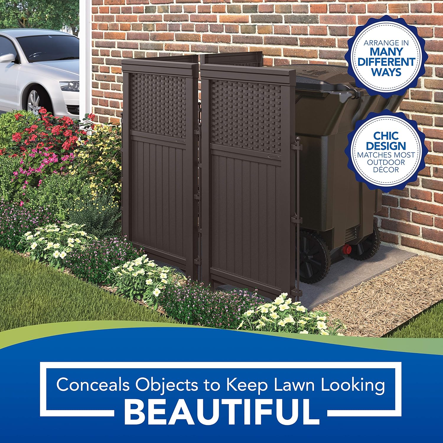 Suncast 4 Freestanding Wicker Resin Reversible Outdoor Panel Screen Enclosure, Brown
