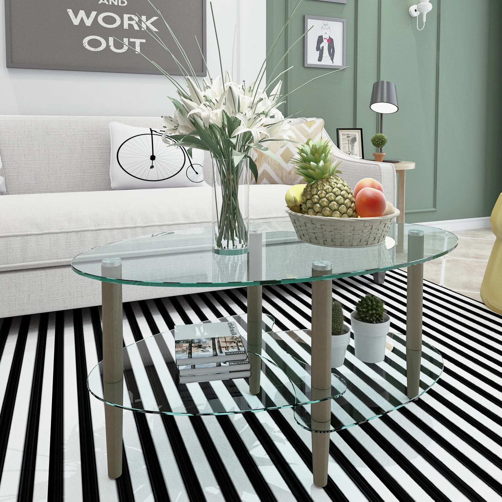 Modern Oval Glass Coffee Table with Storage for Living Room