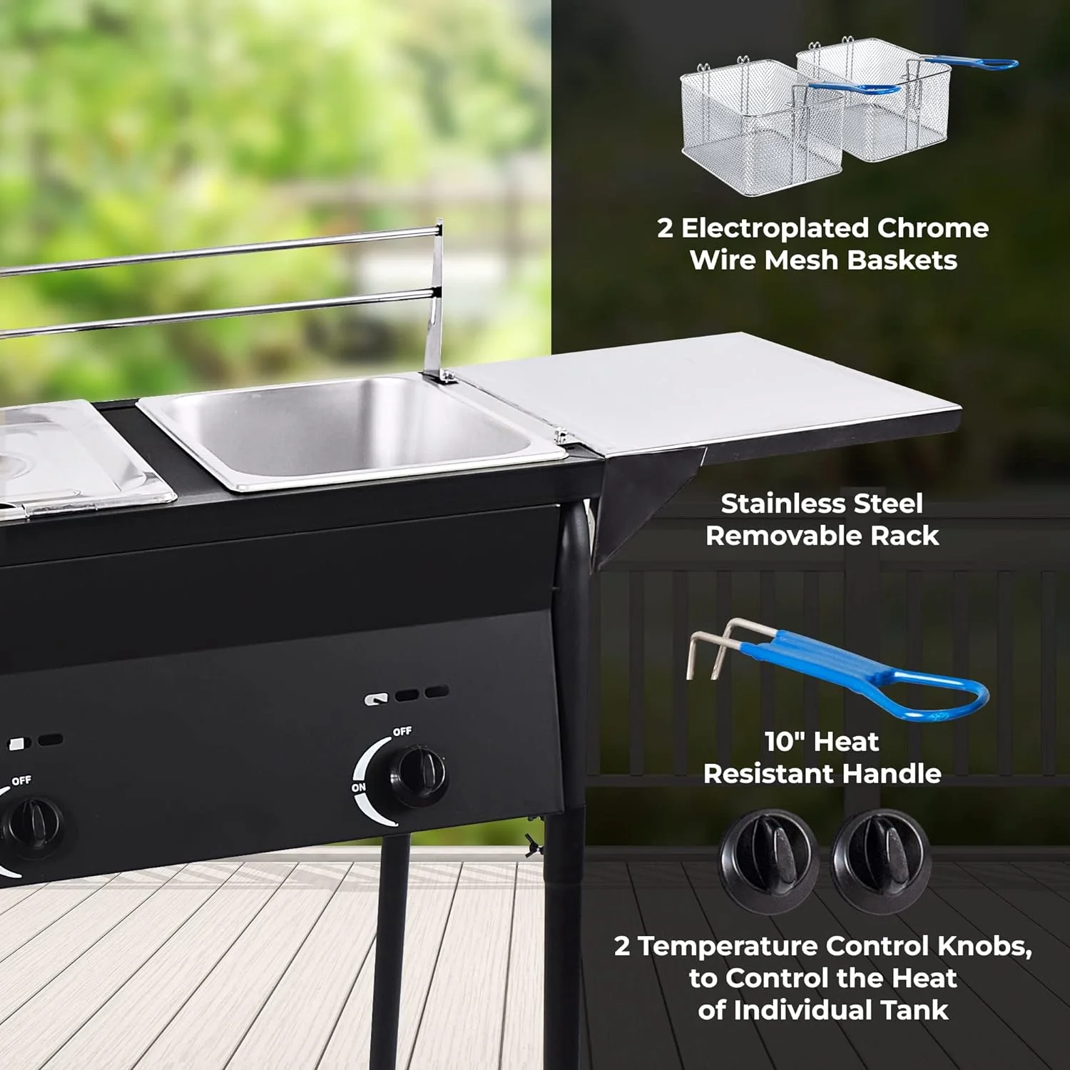 QCAI Two Tank Outdoor Black Deep Fryer | Propane Deep Fryer Propane with 2 Stainless Steel Basket & Lid Covers | Large Oil Tank Capacity with