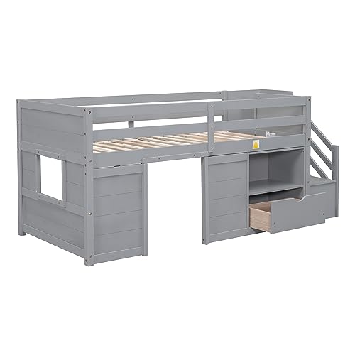 Harper & Bright Designs Low Loft Bed with Stairs, Solid Wood Twin Size Low Loft Bed Frame with Storage Drawers and Shelf