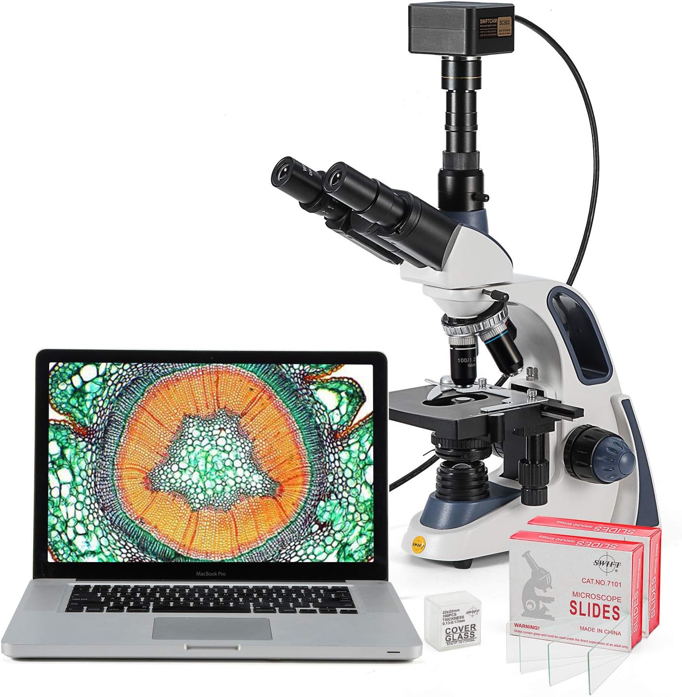 Swift Compound Trinocular Microscope SW380T,40X-2500X Magnification,Siedentopf Head,Two-Layer Mechanical Stage