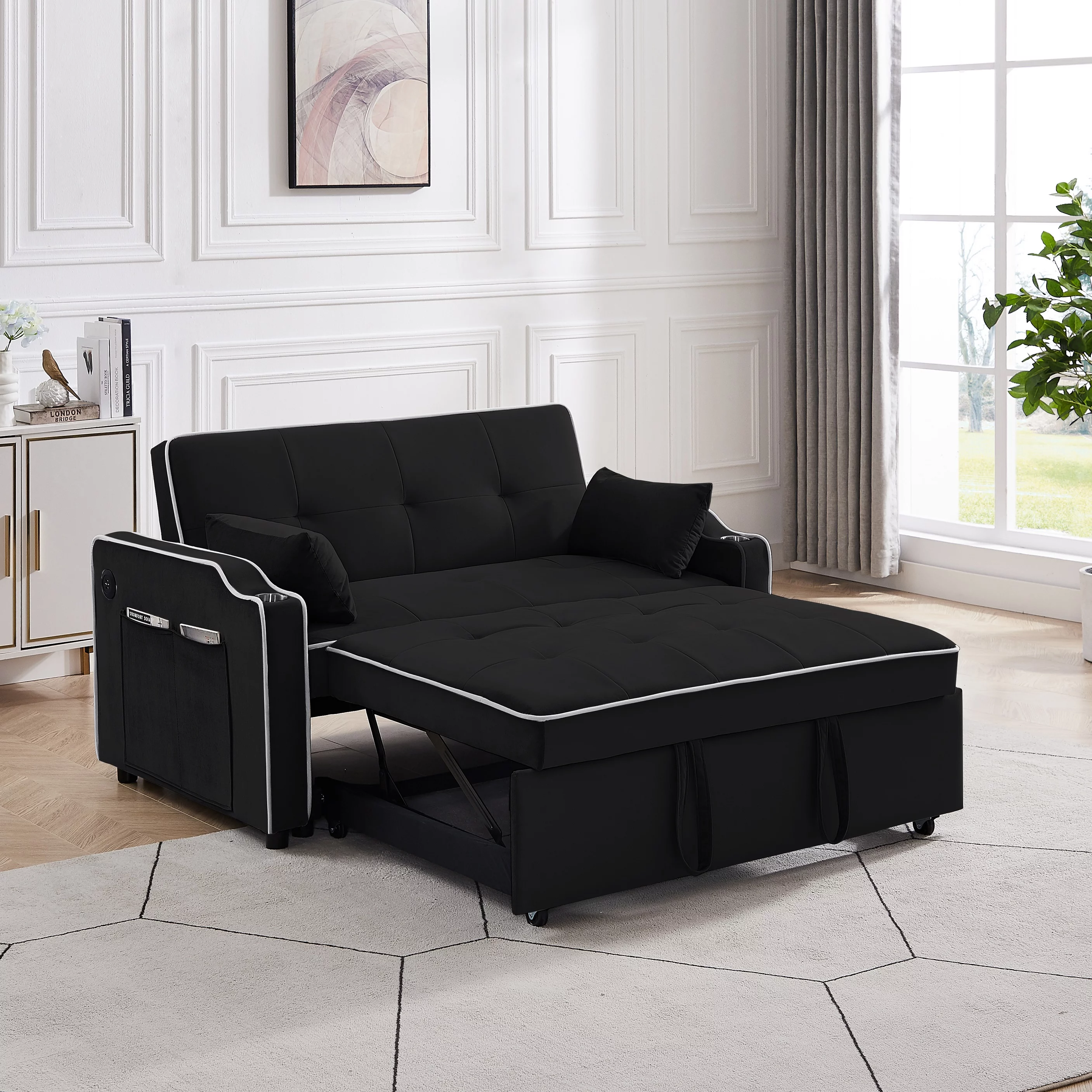 Momspeace Pull Out Loveseat Sleeper Sofa Bed with Cup Holders, Usb Ports and Side Pockets, Black - Radiant Selections