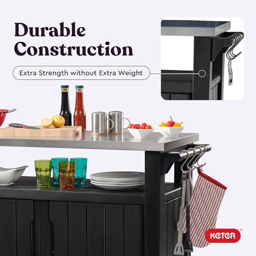 Keter Outdoor Rolling Table Cart for Food Prep, Storage, Bar & Grill, Dark Brown - Portable Kitchen Island Tabletop with Wheels for Drinks, Snacks