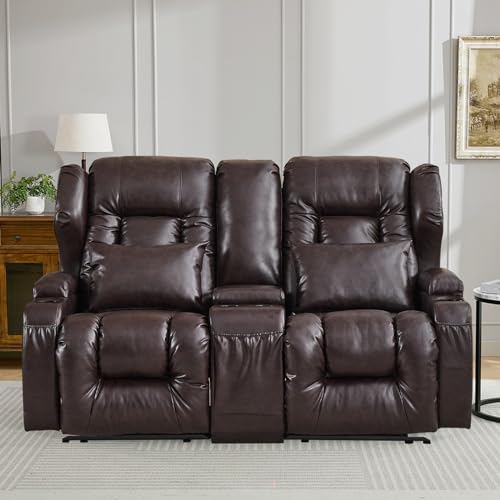 IPKIG 65.3" RV Loveseat Recliner - Faux Leather Manual Reclining Loveseat with Console, Cup Holders, Lumbar Pillow for Living Room, Bedroom, RV