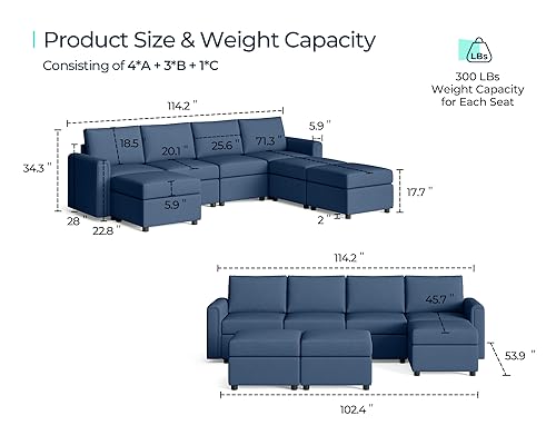 LINSY HOME Modular Sectional Sofa, Convertible U Shaped Sofa Couch with Storage, Memory Foam, Modular Sectionals with Ottomans