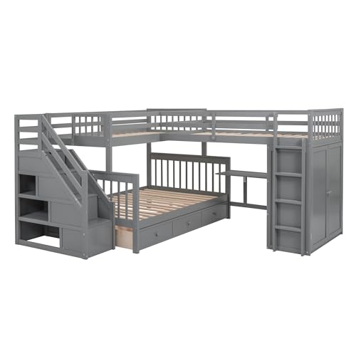 L-Shape Triple Bunk Beds with Stairs and Desk, Wood Twin-Over-Full Bunk Bed with Storage Wardrobe, Shelves and Drawers
