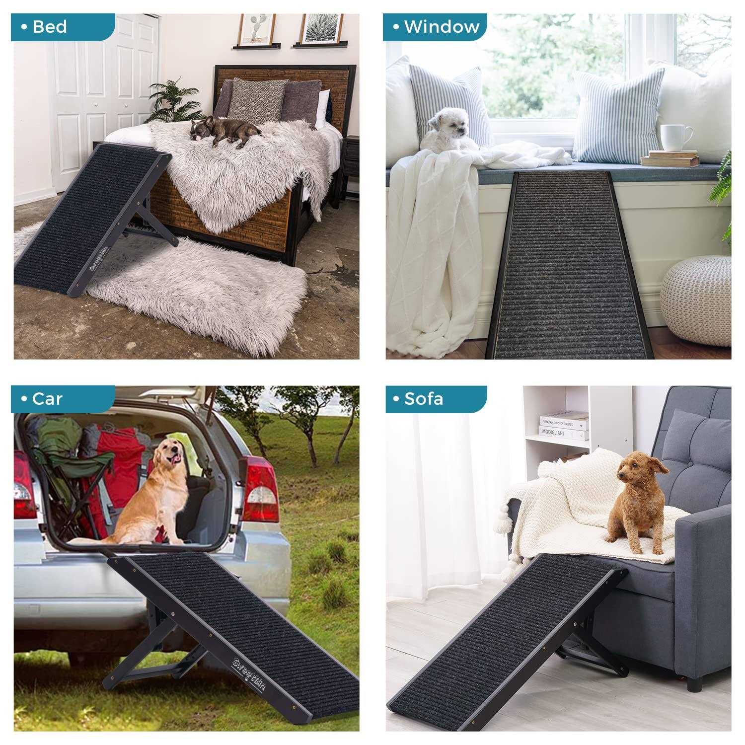 Sweetbin 18 Tall Adjustable Pet Ramp Small Dog Use Only Wooden Folding Portable Dog &amp; Cat Ramp Perfect for Couch or Bed with Non Slip Carpet