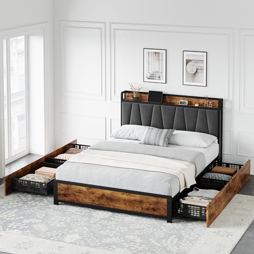 GAOMON Full Size Bed Frame with 4 Storage Drawers and Linen Upholstered Headboard, Full Platform Bed Frame with Charging Station