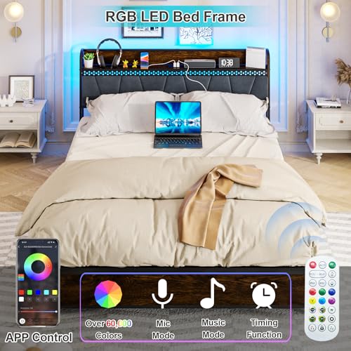 King Size Platform Bed Frame with Upholstered Shelf Headboard and 4 Under-bed Storage Drawers, Outlet with Charging Port & LED Light Design