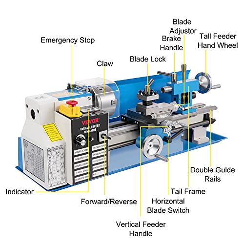 VEVOR Mini Metal Lathe, 7"x14", Benchtop Metal Lathe, 550W Variable Speed 2250 RPM Metal Lathe, with 3-jaw Chuck Mini Lathe Machine