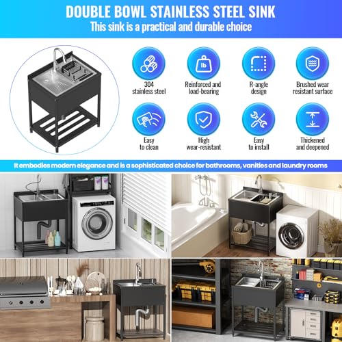 Stainless Steel Utility Sink, 30.8" × 22" × 39.5"Freestanding Sink with Cold and Hot Water Faucet,Hoses and Drain Kit for Kitchens, Bathrooms, Garage