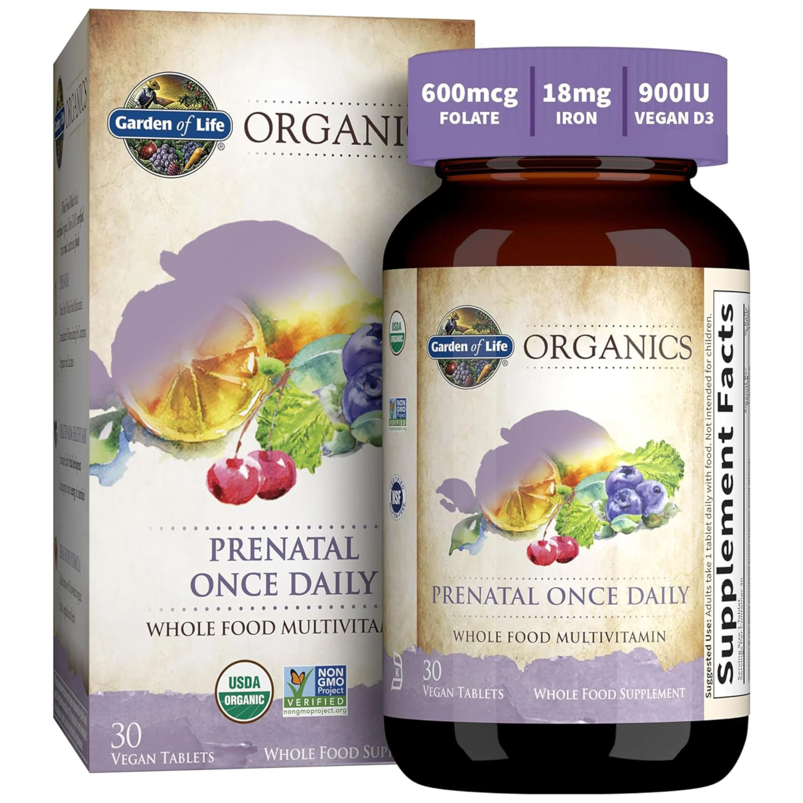 Garden of Life Organics Prenatal Vitamin: Folate for Energy & Healthy Fetal Development, Non-constipating Iron, Vitamin C, B6, B12, D3 C Organic
