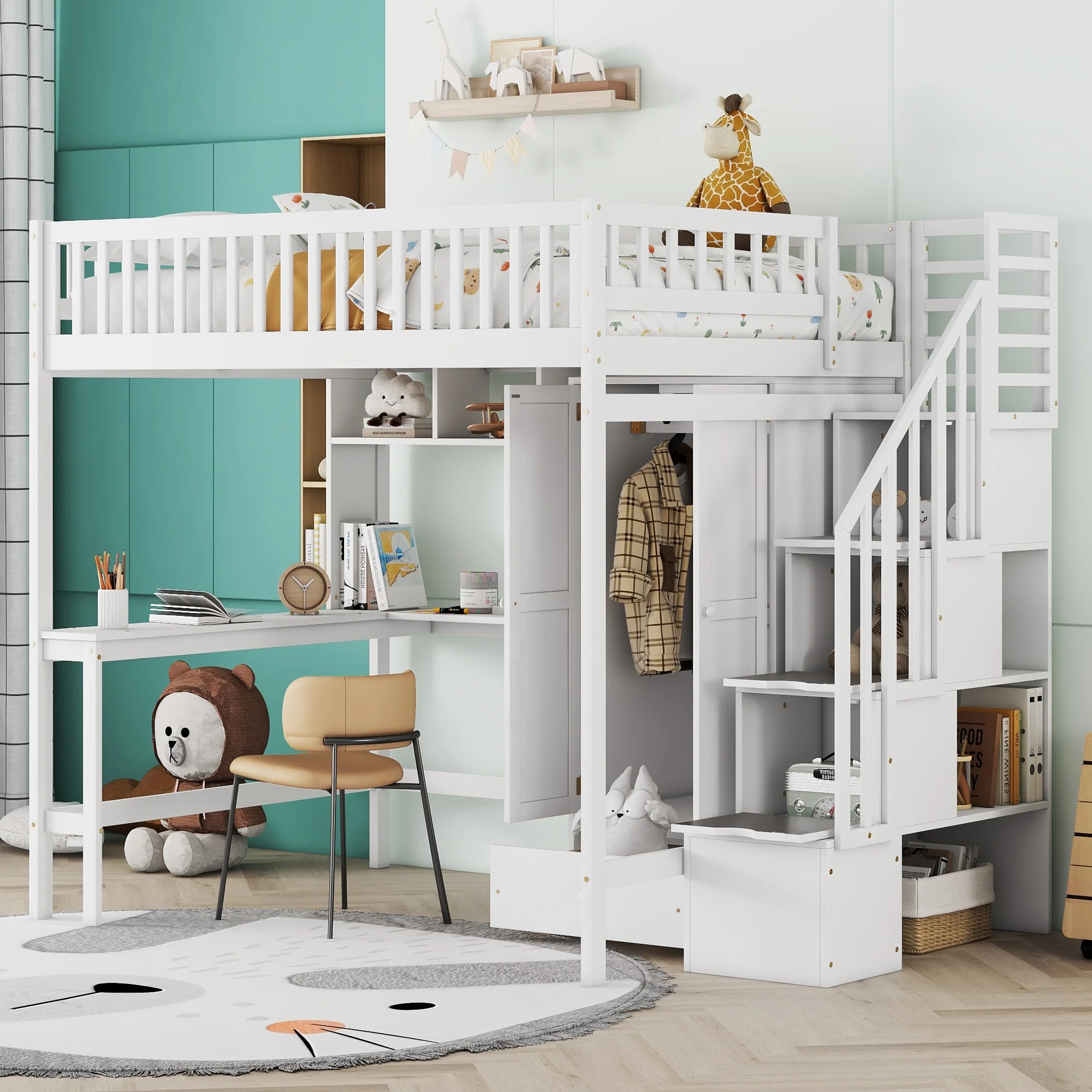Churanty Full Loft Bed with Wardrobe Storage Space, Stairs Loft Bed with Desk and Shelves for Kids Boys Girls Teens,White - Radiant Selections