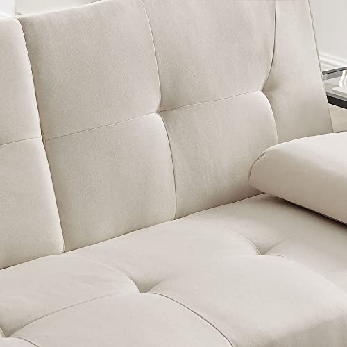 Convertible Folding Futon Sofa Bed,PU Leather Upholstered Modern Couch Loveseat Sleeper, Folding Daybed Guest Bed, Removable Armrests, 2 Cup Holders