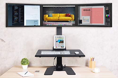 Mount-It! Triple Monitor Electric Standing Desk Converter - 3 Screens Stand Up Desk Riser