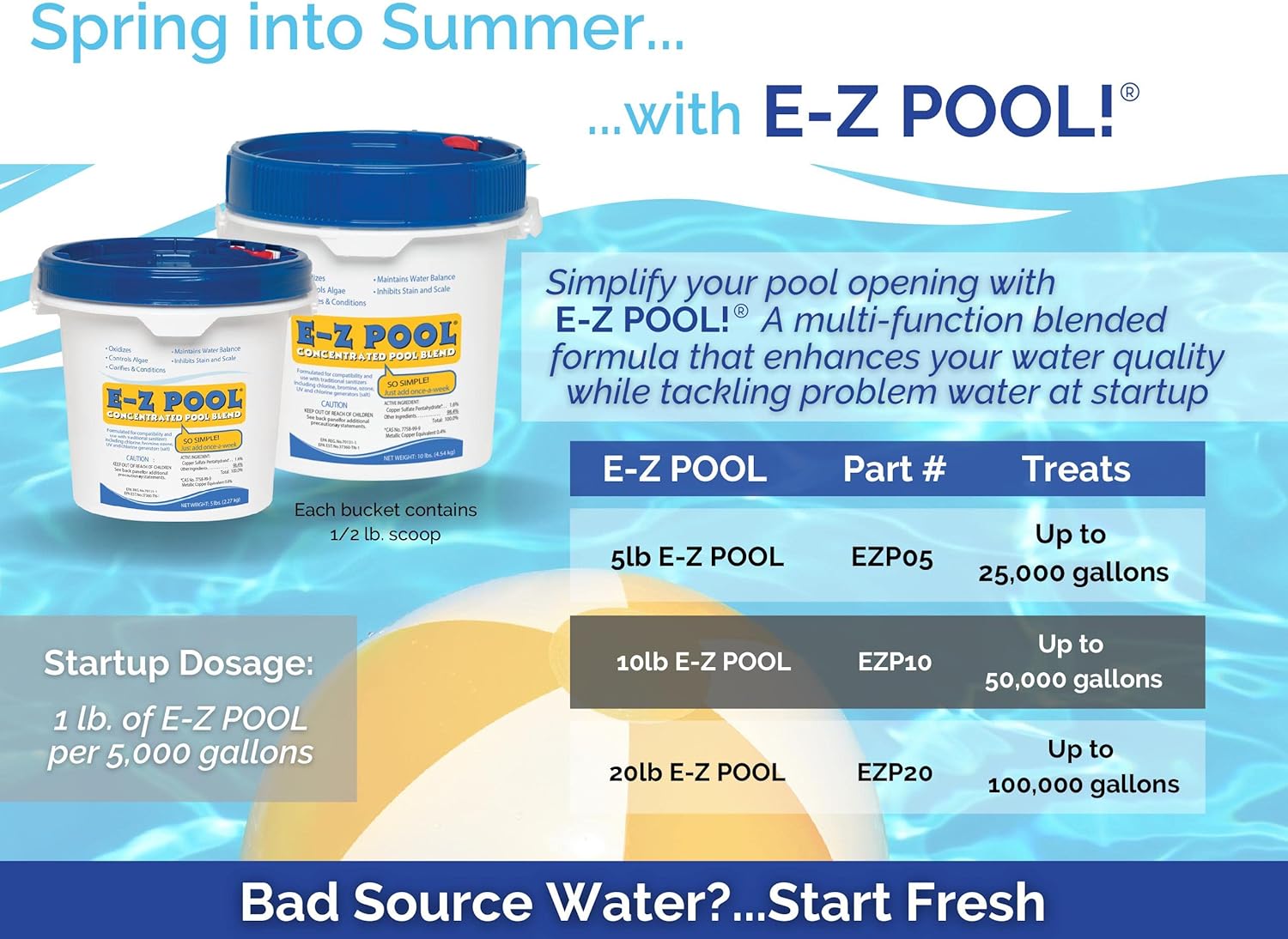 E-Z Concentrated Pool Blend, 10 Lbs. All in 1 Formula Contains Stable Oxidizer, Algaecide, Clarifier, Scale Inhibitor, Water Conditioner & Balancers