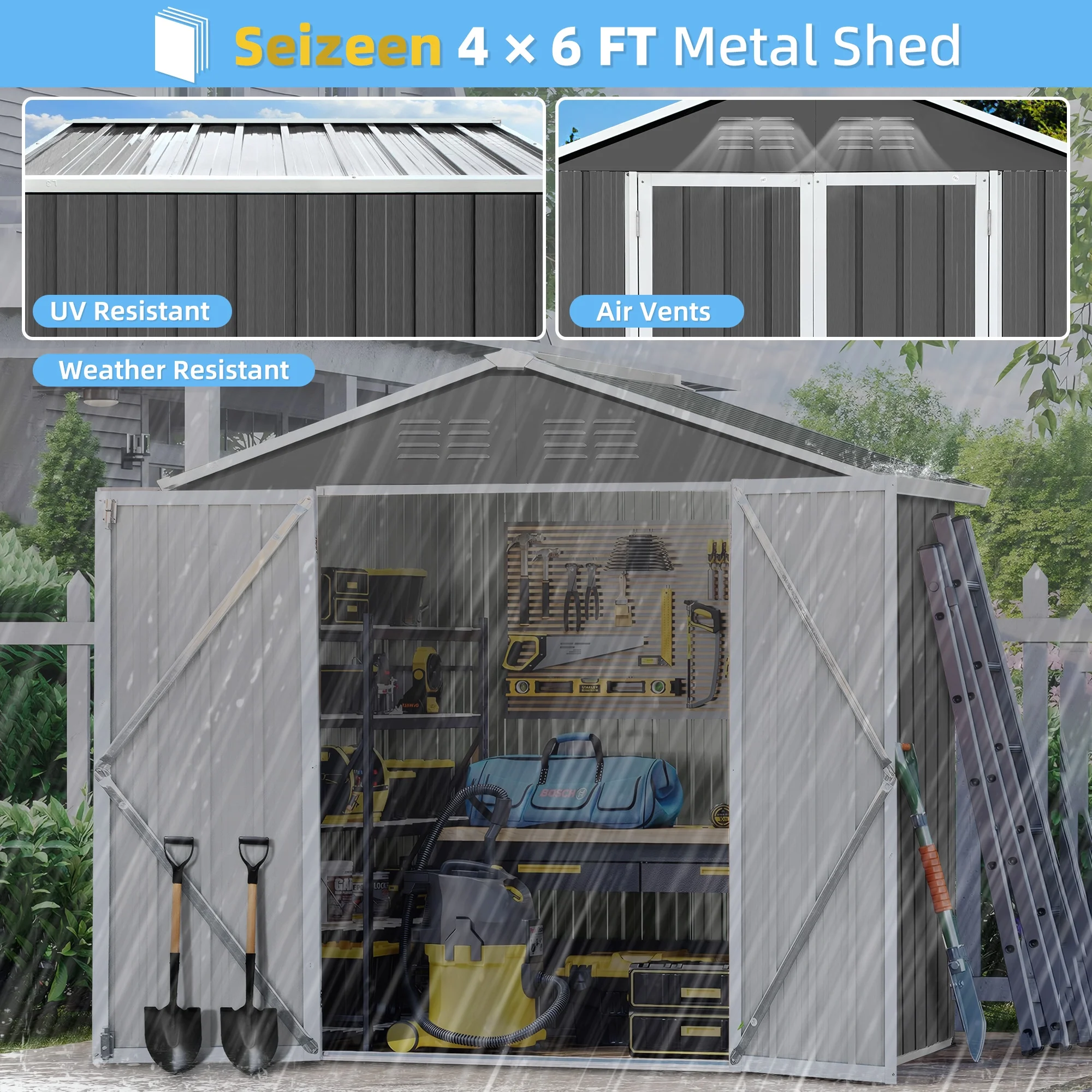 6' x 4' Outdoor Metal Storage Shed, Tools Storage Shed, Galvanized Steel Garden Shed with Lockable Doors, House Outdoor Storage Shed for Backyard