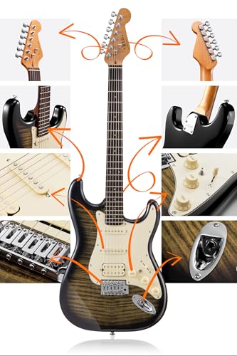 AKLOT Stryde Electric Guitar with Coil-Split: Roasted Maple Neck, Flame Maple Graphic Top, HSS Ceramic Pickups, Beginner Guitar Kit with 10W Amp