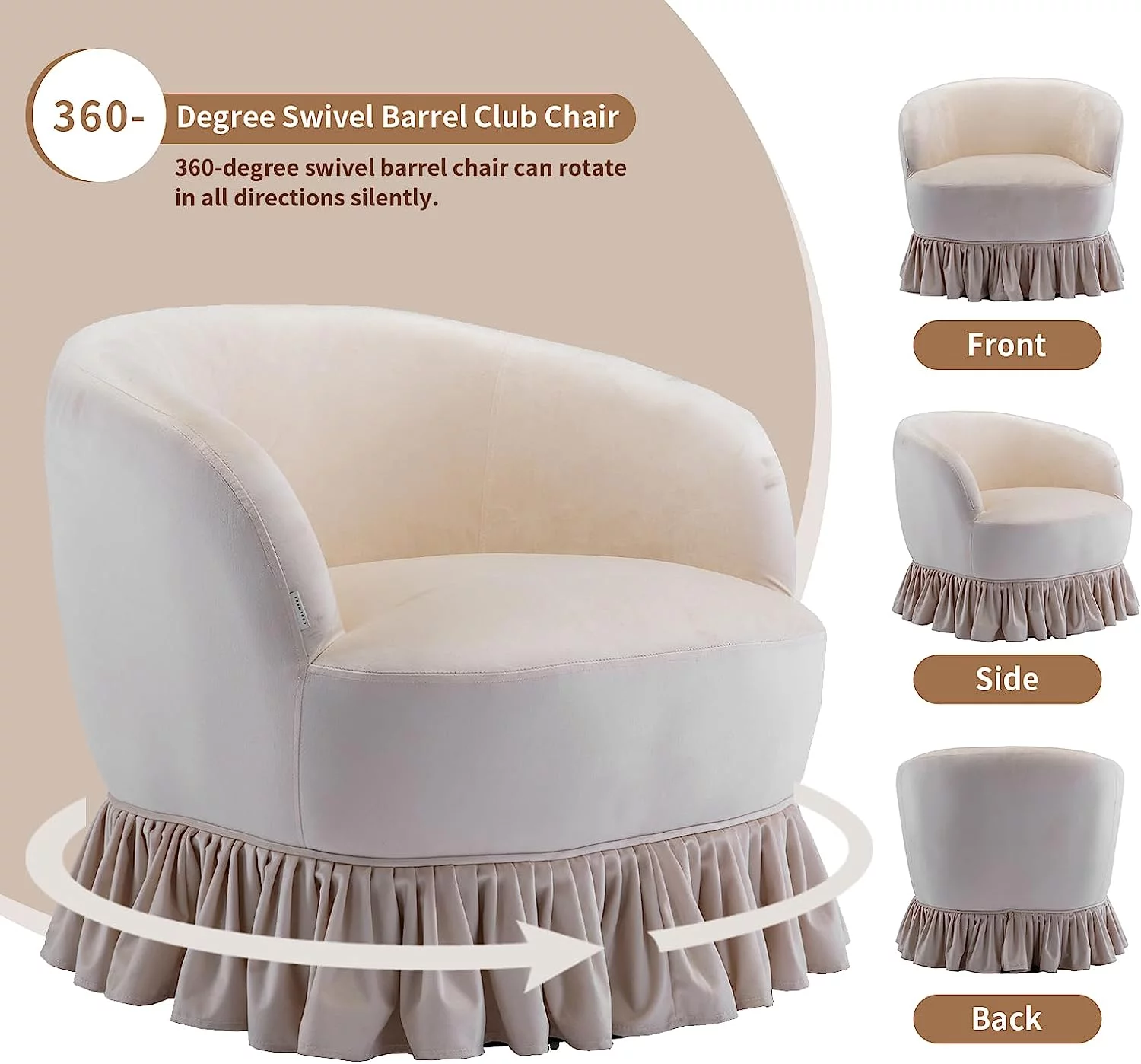 Tabaray Swivel Barrel Chair with Pleated Skirt, 360 Degree Swivel Barrel Club Chair, Comfy Velvet Round Sofa Chair for Living Room