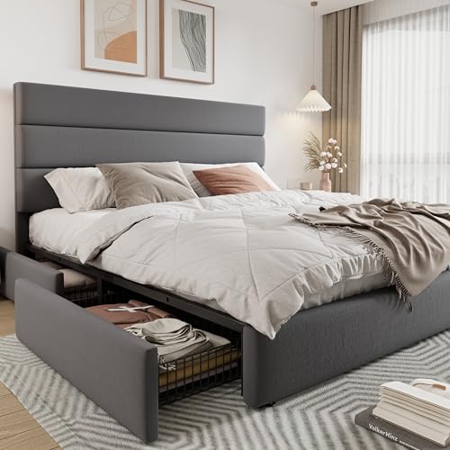 Allewie Modern Full Size Platform Bed Frame with 4 Storage Drawers and Velvet Upholstered Headboard, Wooden Slats Support