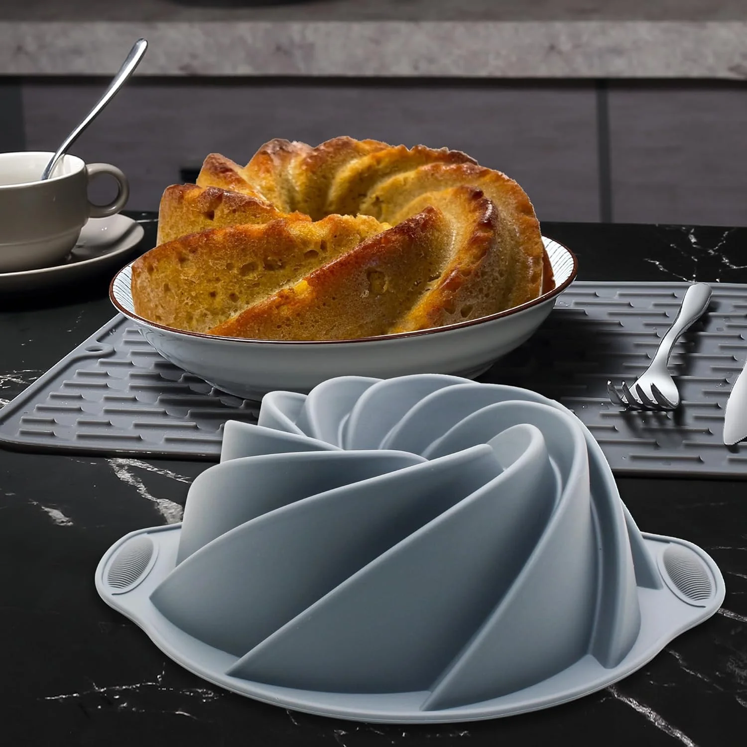 54-Piece Grey Silicone Baking Set – 10 Cake Molds, Loaf/Muffin Pans, Baking Cups + Measuring Cups &amp; Spoons (Non-Stick)