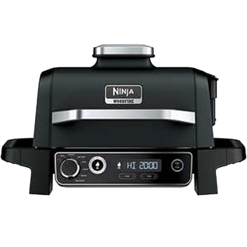 Ninja OG701 Woodfire Outdoor Grill & Smoker 7-in-1 Air Fryer Bake Roast Broil uses Woodfire Pellets(1 Pack Included) Portable, Electric, Grey(Renewed)