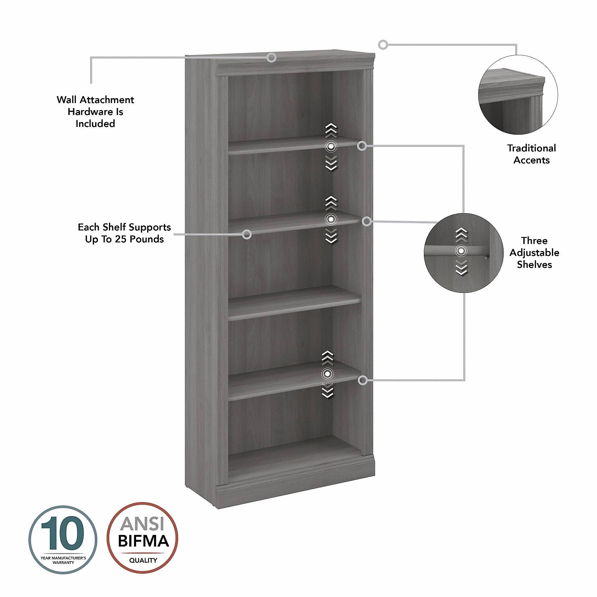 Bush Furniture Saratoga Tall 5 Shelf Bookcase, 30W, Linen White Oak