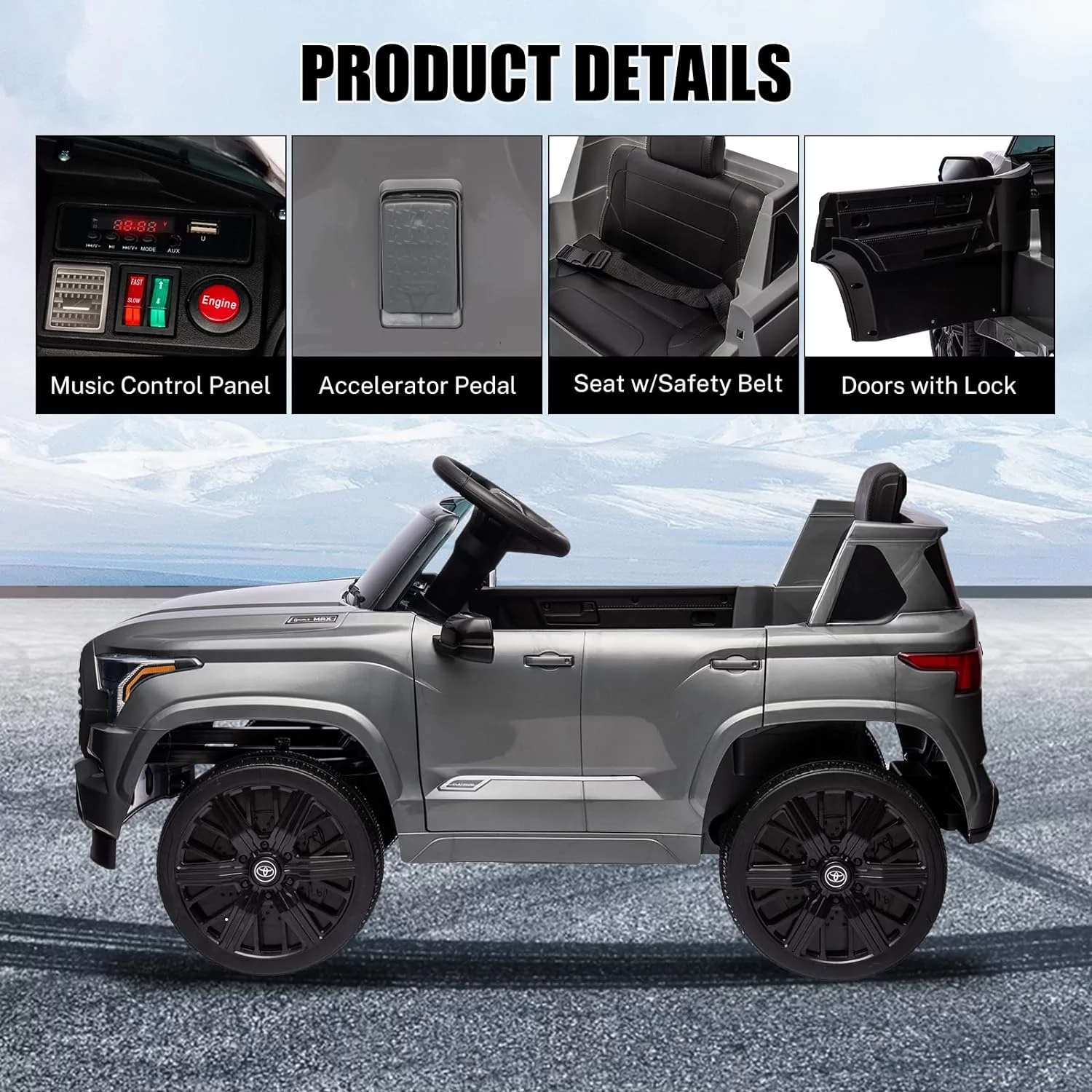 Toyota Sequoia Pickup 12V 7A Ride-On Cars with Remote Control, Battery Powered Ride-On Toys for Kids w/LED Light, 3 Speeds, Music, Horn, Bluetooth