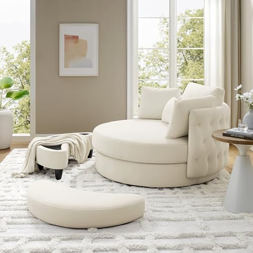 51.5-Inch Oversized Swivel Accent Barrel Chair with Storage Ottoman ,Button Decor and 4 Pillows