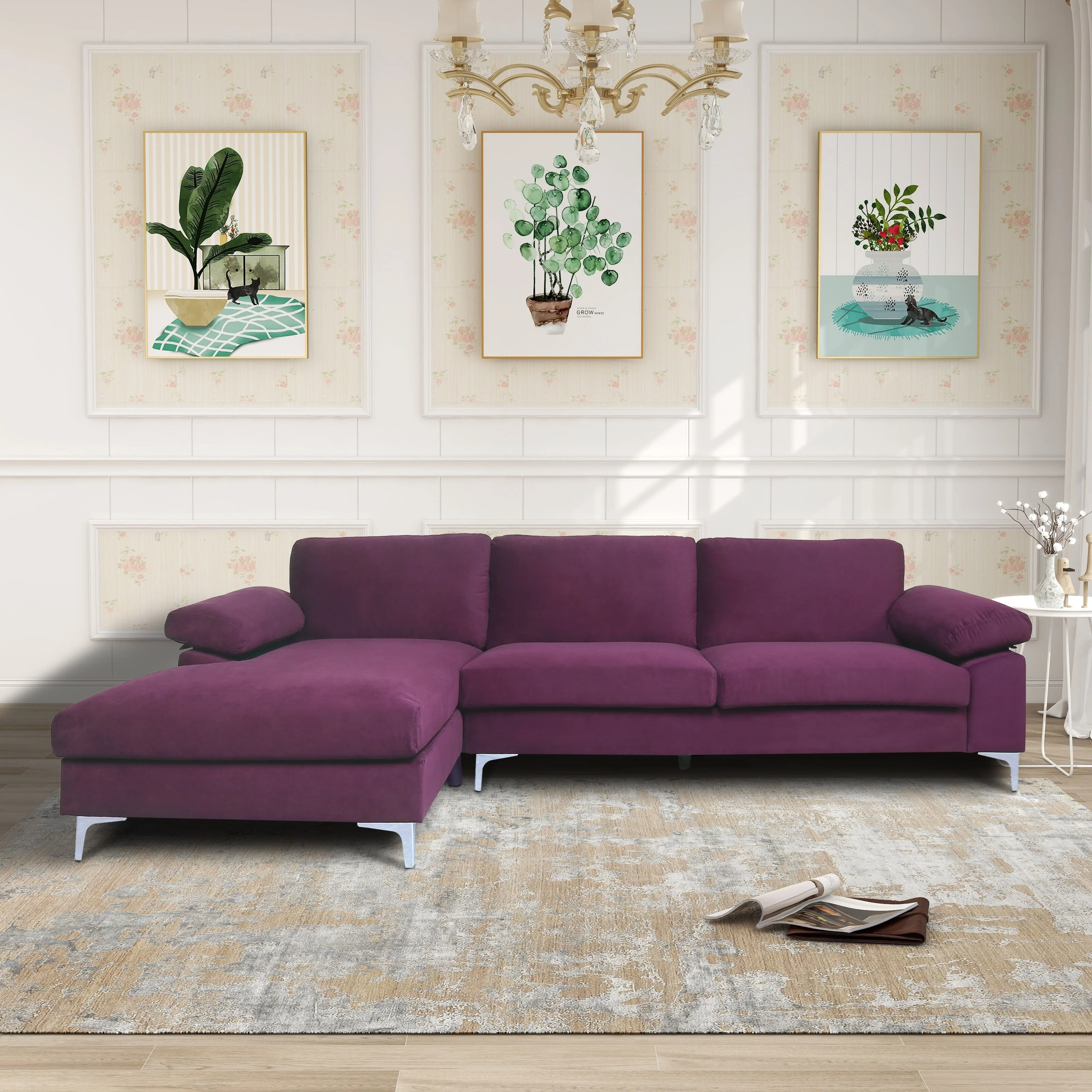 103" Wide Modern Upholstered L-shape Left Facing Tufted Velvet Sectional Sofa with Metal Leg Purple