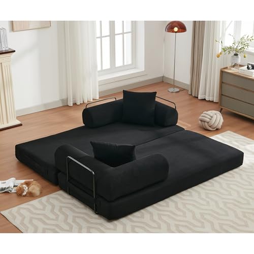 Convertible Sleeper Sofa Bed with Cylindrical Pillow, Corduroy Folding Mattress Couch with Fixed-Shape Frame